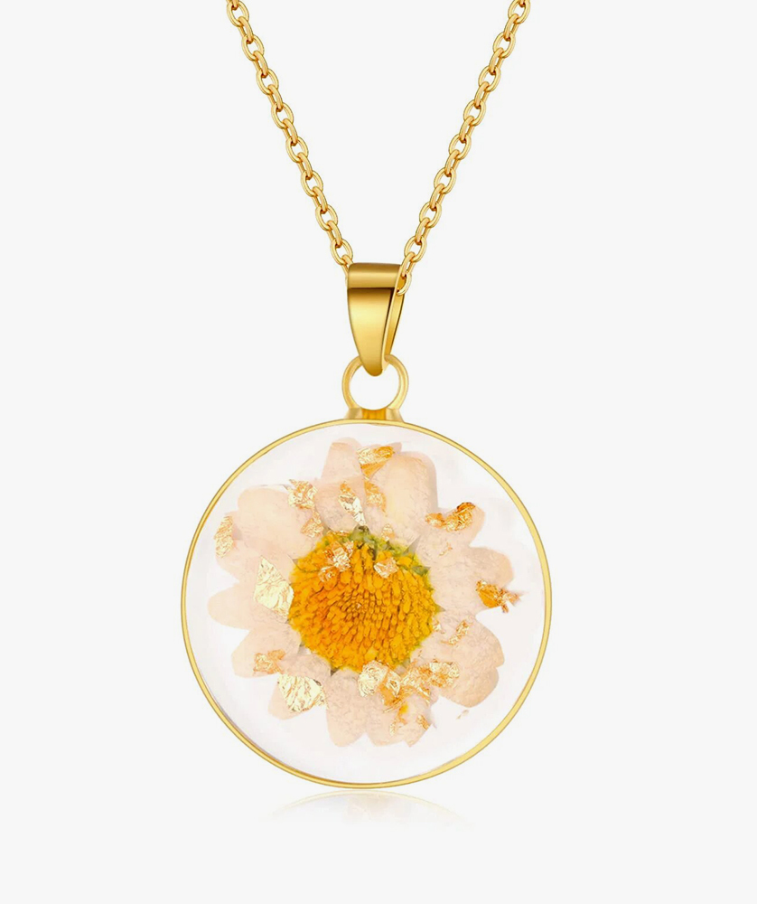 Gold Pressed Flower Necklace with Forget-Me-Not and Queen